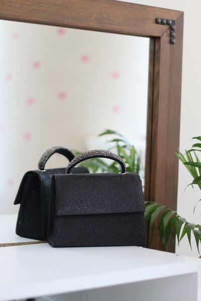Moom Bag Дамска черна чанта за рамо с детайлна вечерна рокля със сребрист камък