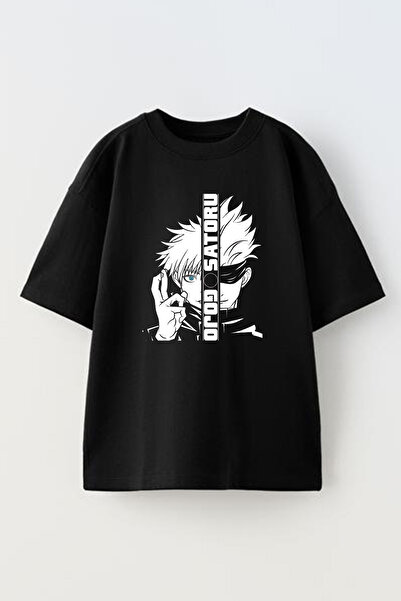 NMG TEKSTİL تي شيرت قطني أسود كبير الحجم مطبوع عليه جوجو وزيتورو للجنسين