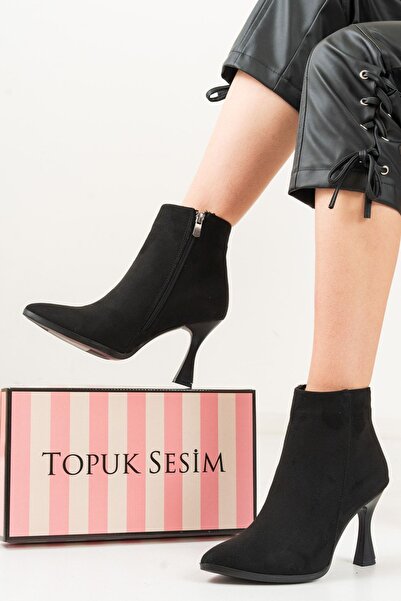Topuk Sesim Siyah Süet Topuklu Bot