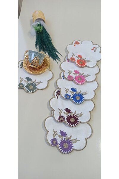 Altın Çeyiz Tekstil Kokteyl Kahve Yanı Renkli Papatya Desenli Nakış Sunumluk Peçetesi 6'lı