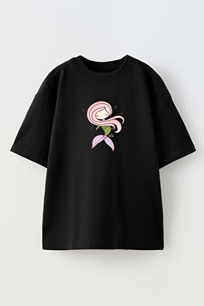 NMG TEKSTİL Mermaid Printed - Unisex Μαύρο Oversize Βαμβακερό T-shirt