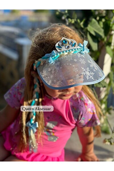 Queen Nelly Elsa kristal prenses taşlı simli kar tanesi örgü saçlı taç şapka çocuk tacı mavi