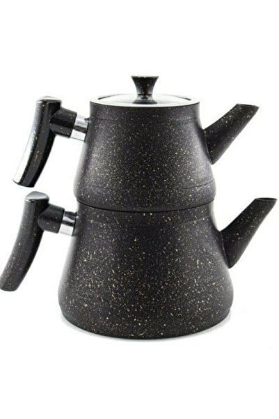 Zümrüt Granit Kaplama Pramit Cam Kapaklı Çaydanlık Siyah