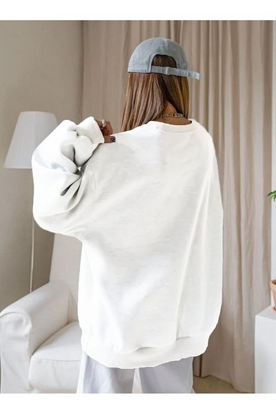 Boi Line Eye's Eye Patterned Winter Sweatshirt - White, Pink, Oversize, Raised, Crew Neck