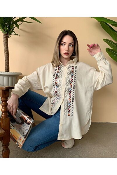 BAJAR OWERSİZE NAKIŞLI KETEN GÖMLEK
