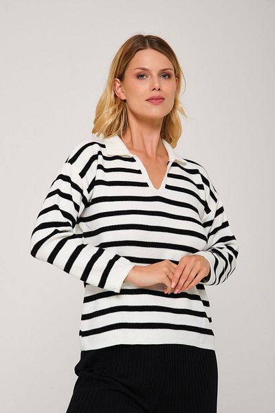 ÖZAK MODA Pulover de damă din tricot cu dungi cu gât polo
