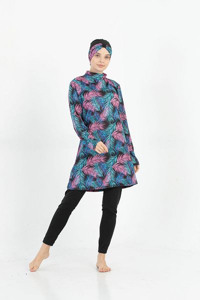 by İGP Full Covered Black Patterned Quick Dry Swimsuit - Hijab Design