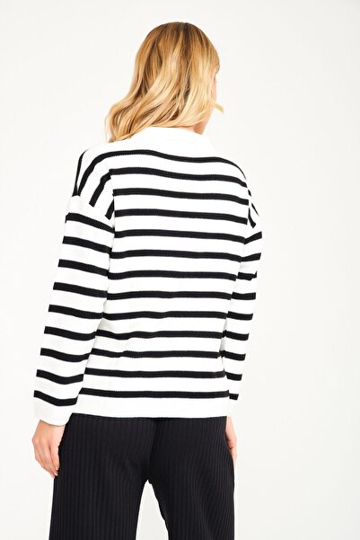 ÖZAK MODA Pulover de damă din tricot cu dungi cu gât polo