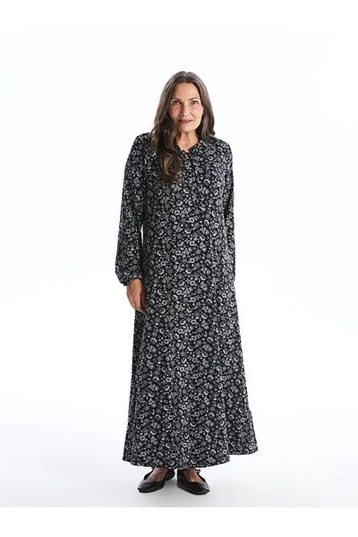 LC Waikiki LCW Grace Damen-Langarmkleid mit gebundenem Ausschnitt und Blumenmuster