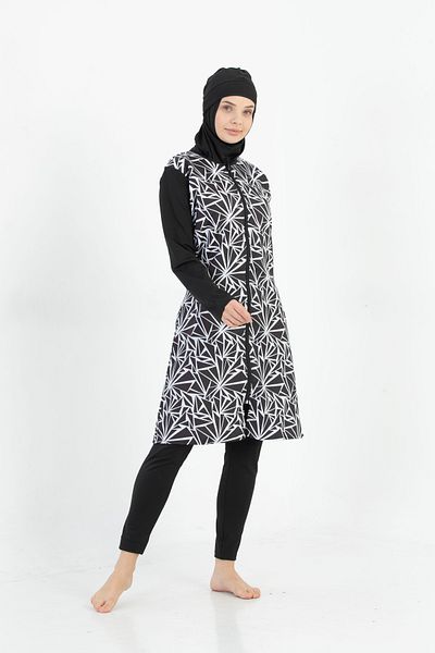 by İGP Large Size Black Patterned Quick Dry Zippered Hijab Swimsuit Hijab Swimsuit