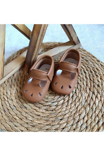 MİNİBİRİ Cozy Model Tan Color Genuine Leather Baby Moccasin Booties First Step Shoes
