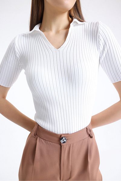 Jose Clothing Polo Neck Women's Knitwear Blouse - Short Sleeve