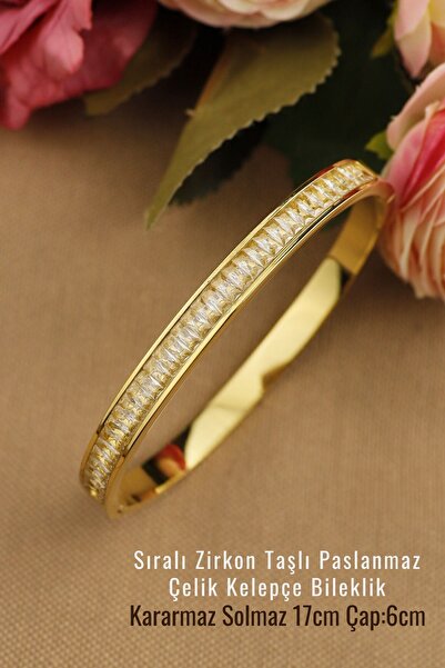 Keyifli Hayaller Beyaz Baget Sıralı Zirkon Taşlı Sade Modern Trend Çelik Kelepçe 6mm Çap 6cm Yeni Sezon Bileklik