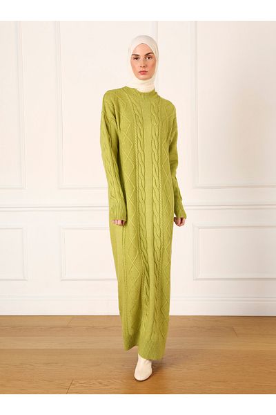 Refka Knitted Patterned Soft Yarn Knitwear Hijab Dress - Oil Green - Refka