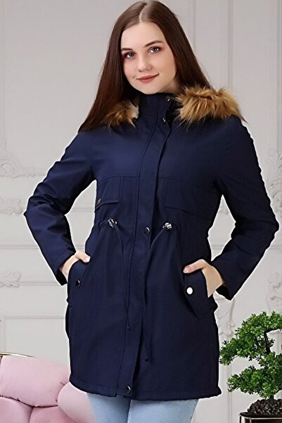 MissThetis Kapüşonu ve İçi Kürklü Uzun Kol Bel Büzgülü Cepli Şık ve Cool Sıca...
