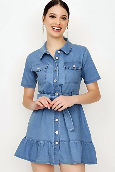 MissThetis Eteği Fırfırlı Kuşaklı Gömlek Yaka Düğmeli Kısa Kol Kapaklı Cepli ...