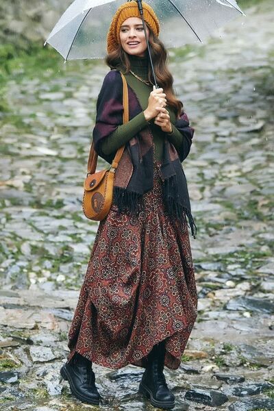 MissThetis Bohem Tarzı Cep Detaylı Etnik Otantik Desenli Lastikli Normal Bel Rahat Şık Ve Cool Uzun Şalvar Etek