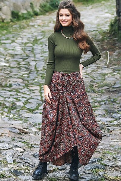 MissThetis Lastikli Normal Bel Bohem Tarzı Etnik Otantik Desenli Cep Detaylı Rahat Şık Ve Cool Uzun Şalvar Etek