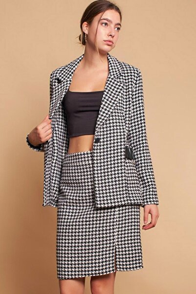 MissThetis Yüksek Bel Fermuarlı Yırtmaçlı Kazayağı Desen Şık ve Cool Kalın Kı...