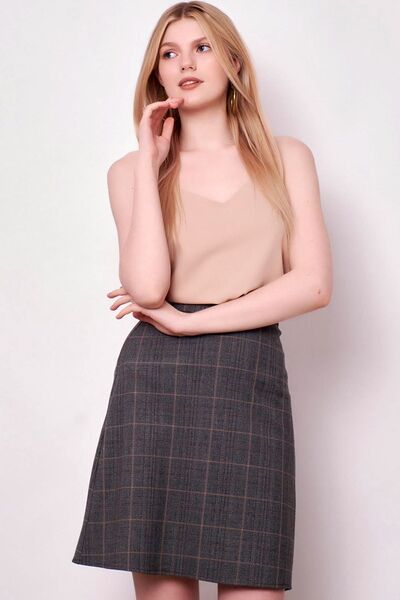 MissThetis Yüksek Bel Arkadan Gizli Fermuarlı Diz Üstü Ekoseli Klasik Kumaş Ofis Çan Etek