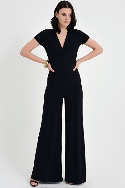 MissThetis İspanyol Paça Kısa Kol Dekolteli V Yaka Önden Fermuarlı Rahat Kalıp Esnek Şık Ve Cool Likralı Tulum