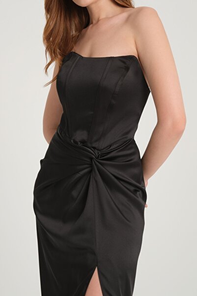 meksila kadın saten straptes balenli düğüm detaylı yırtmaçlı uzun saten astarlı düğün nişan davet abiye