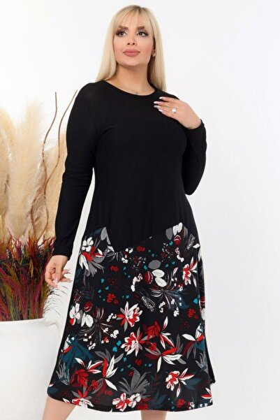 MissThetis Büyük Beden Yuvarlak Yaka Uzun Kol Eteği Çiçek Desenli Esnek Şık C...