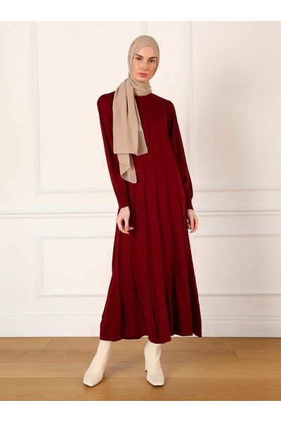 Refka Boydan Pleated Knitwear Hijab Dress - Claret Red - Refka