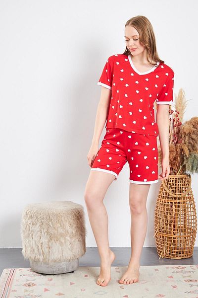 ESPİNA Red Cotton Knitted - Women's Pajama Set with Heart Shorts