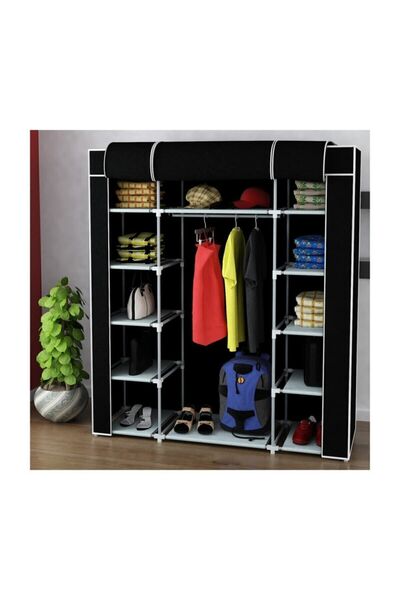 KalyonHome Çift Yandan Çok Raflı Çelik Profilli Bez Dolap Kumaş Gardırop