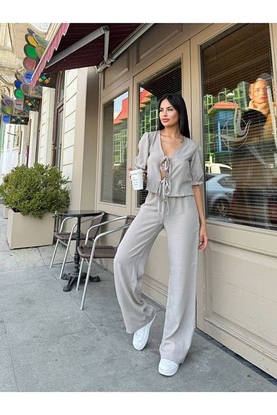bergibo Stylish Women's Linen Set - Lace-up Vest and Trousers