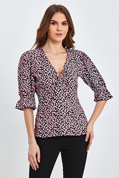 ESPİNA Μπλούζα με λαιμόκοψη με λουλούδια με αγκράφα στο μπροστινό μέρος