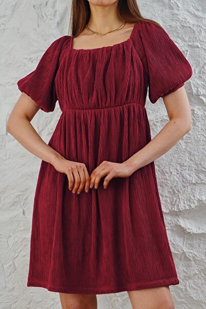 ESPİNA Kadın Kare Yaka Karpuz Kol Robadan Mini Elbise