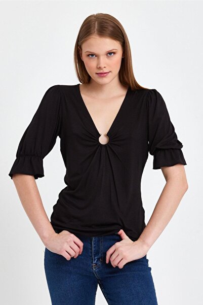 ESPİNA Floral Patterned Wrapped V-Neck Blouse with Front Buckle