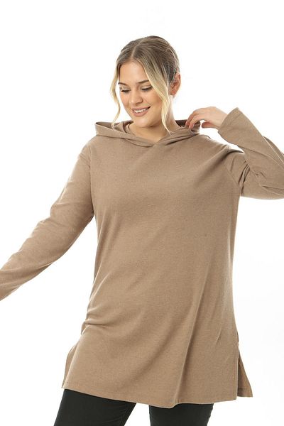 ESPİNA Women's Large Size Slit Detailed Soft Quality Hooded Tunic