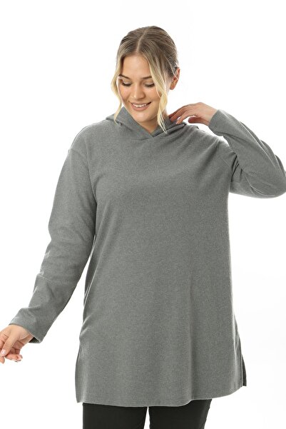 ESPİNA Women's Large Size Slit Detailed Soft Quality Hooded Tunic