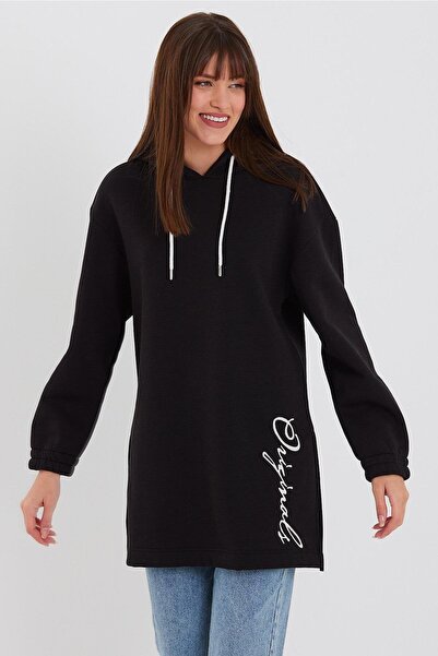 ESPİNA Women's Embroidered Side Slit 3 Thread Fleece Hooded Tunic