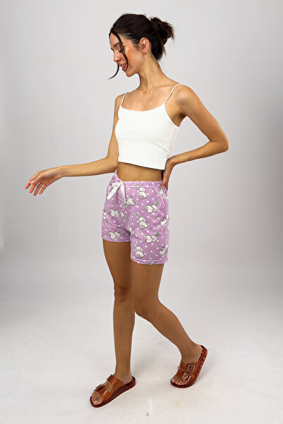 Betimoda Kadın %100 Pamuklu Süprem Desenli Yumuşak Basic Mini Şort Büyük Tavşan Lila