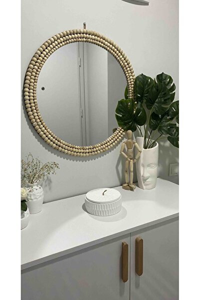 BOHEM Ahşap Boncuklu Ayna 40cm , Dresuar Ayna, Konsol Ayna