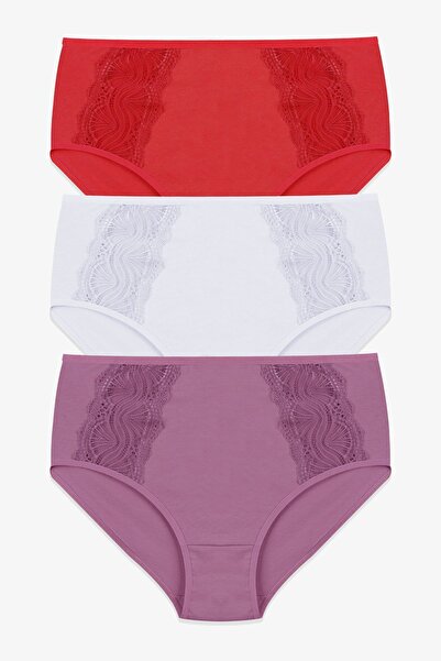 koza iç giyim Chiloți de damă din 3 piese din bumbac și dantelă laterală cu talie înaltă