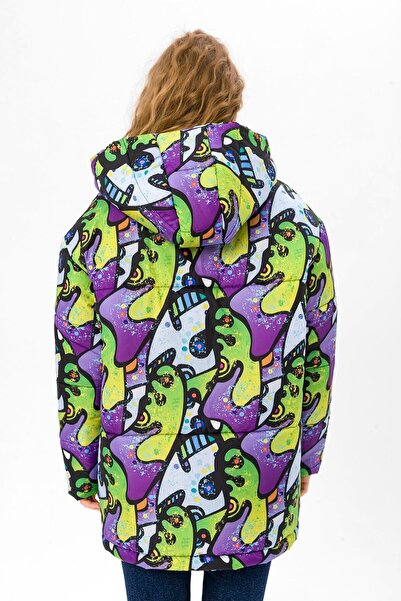 FARM ANİMALS Oversize Retro Gate Dijital Art Puffer Mont Kadın