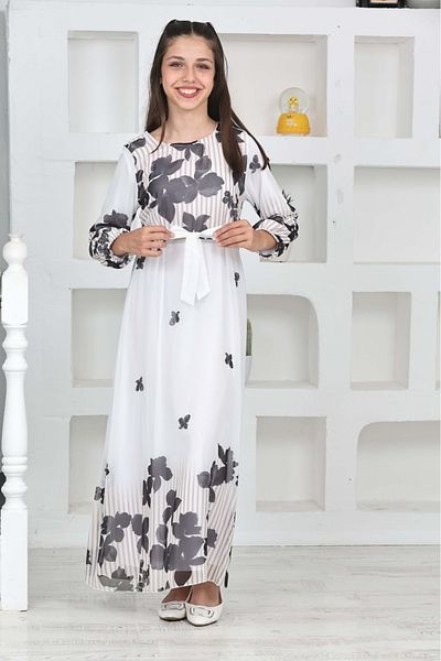 Jannock Floral Patterned Young Girl Chiffon Hijab Dress