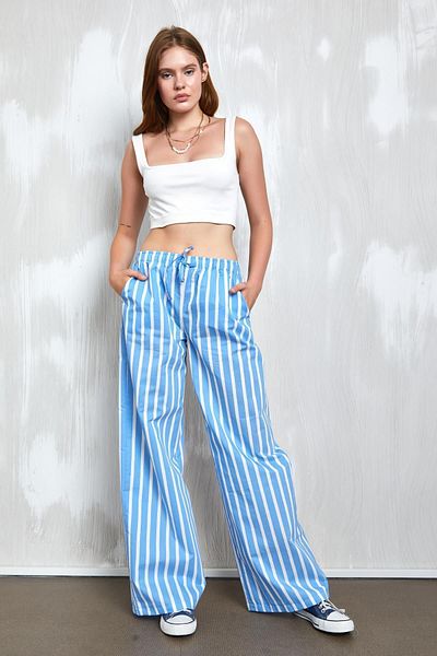 minaaise Pantaloni alb-albastru cu dungi 100% bumbac cu talie elastică - 27370