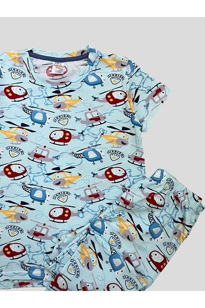 elmas kids Pijama de vară cu mânecă scurtă, 100% bumbac, cu model elicopter albastru