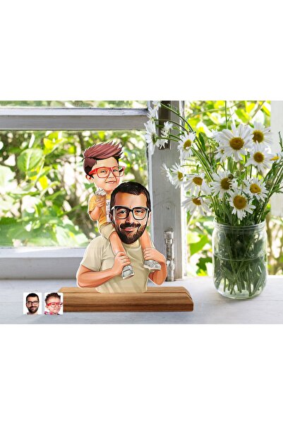 Bk Gift Kişiye Özel Baba Oğul Karikatürlü Ahşap Standlı Pleksi Biblo-20, Aile...