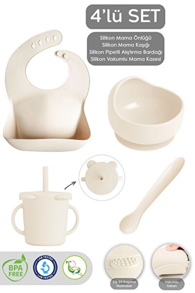 Meleni Baby Beige Colored 4-Piece Silicone Feeding Set - Food Bib, Vacuum Foo...