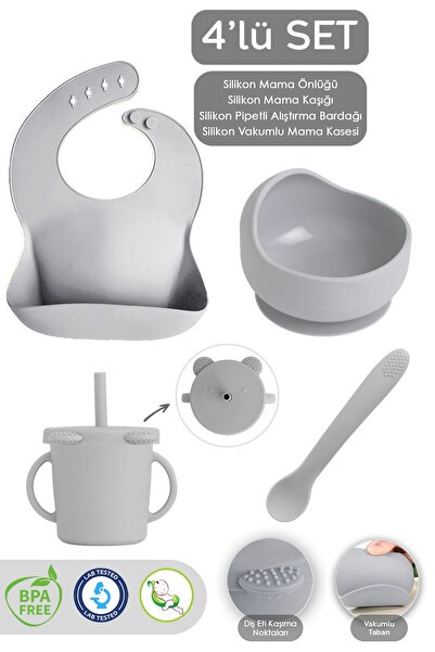 Meleni Baby طقم تغذية سيليكون رمادي - وعاء طعام مفرغ من الهواء مكون من 4 قطع ...
