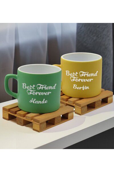 Bk Gift Kişiye Özel İsimli Best Friend 2’li Yeşil ve Sarı Renkli Middle Çay &...