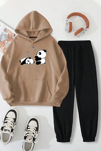 DAXİS Sportwear Company طقم سويت شيرت بقلنسوة بنقشة الباندا للجنسين وبدلة رياضية للركض