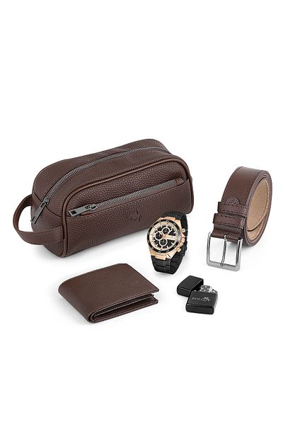 Polo Air طقم ساعة يد ومحفظة للرجال مع حزام - مزيج بني PL-0876E4